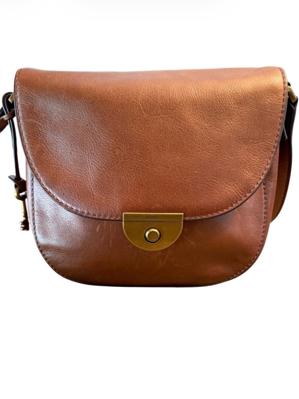 Fossil Emi Saddle Bag Brown Leather Crossbody Messenger Brass Hardware